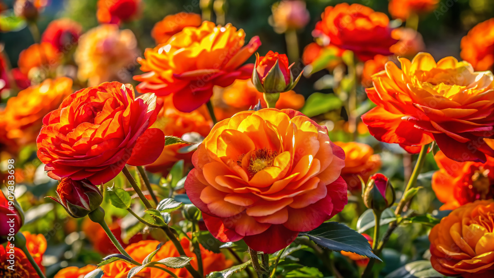Vibrant winter floribundroses bloom in auburn hues, adding a splash of warm orange tones to the fragrant, spicy, and showy ornamental garden landscape on a glorious day. Vibrant winter floribundroses bloom in auburn hues, adding a splash of warm orange tones to the fragrant, spicy, and showy ornamental garden landscape on a glorious day.