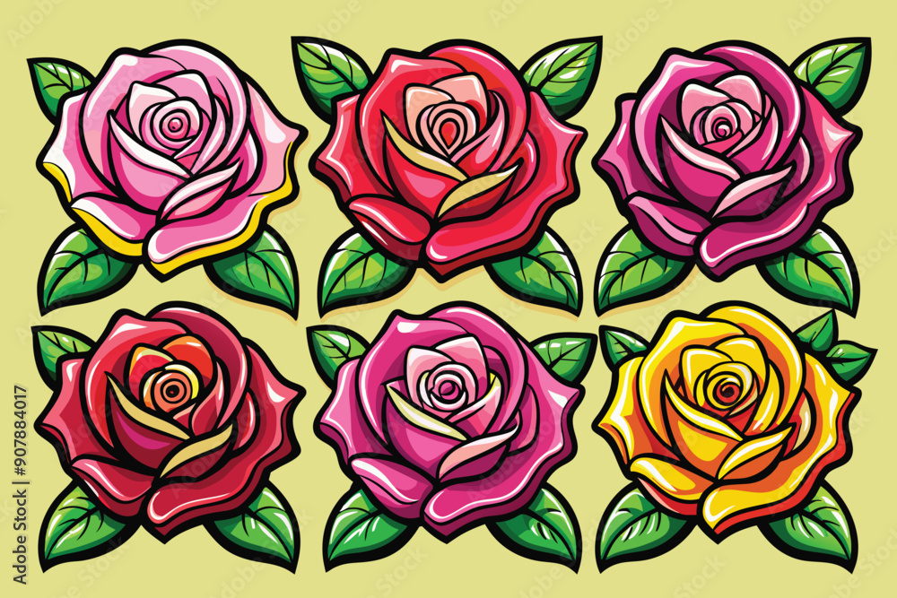 Six Colorful Roses with Green Leaves on a Light Yellow Background Six Colorful Roses with Green Leaves on a Light Yellow Background