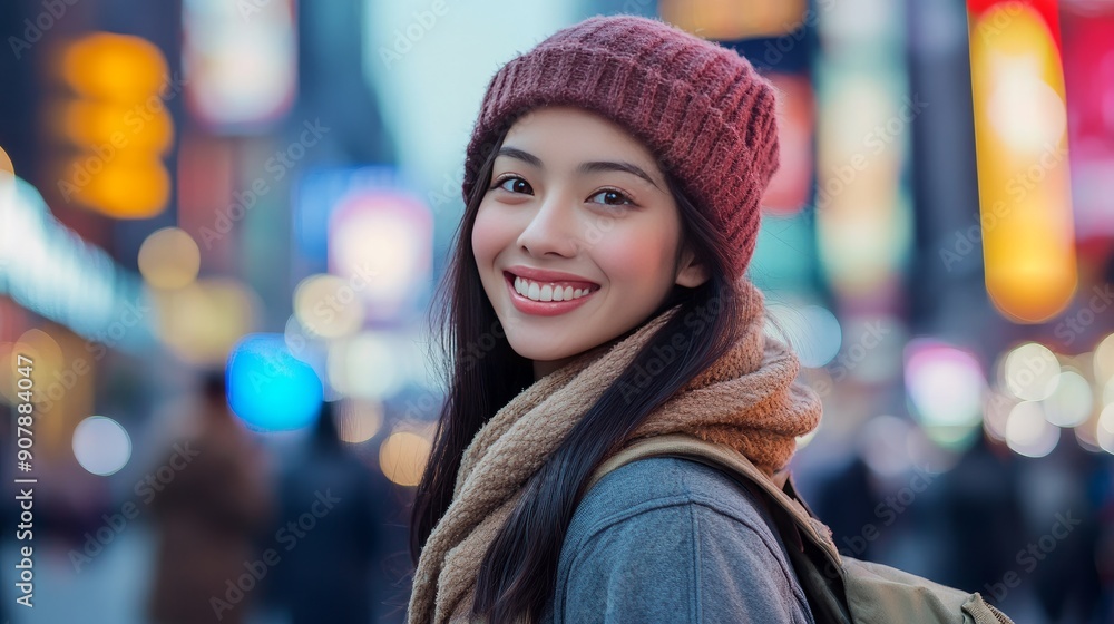A young, carefree woman visiting Times Square or a tourist from New York City. Multicultural Caucasian Asian woman in Manhattan, New York City, USA; attractive, cheerful, and smiling at a young age A young, carefree woman visiting Times Square or a tourist from New York City. Multicultural Caucasian Asian woman in Manhattan, New York City, USA; attractive, cheerful, and smiling at a young age