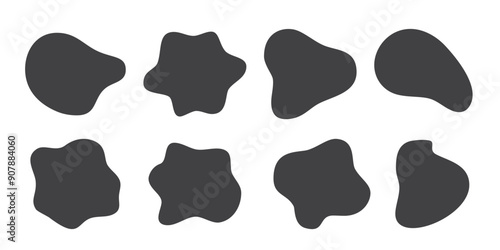 Organic blob irregular round abstract shapes vector set. Black liquid circle random amoebas isolated on white background. Fluid bobble blotch forms, deform drops, grey smooth pebbles.