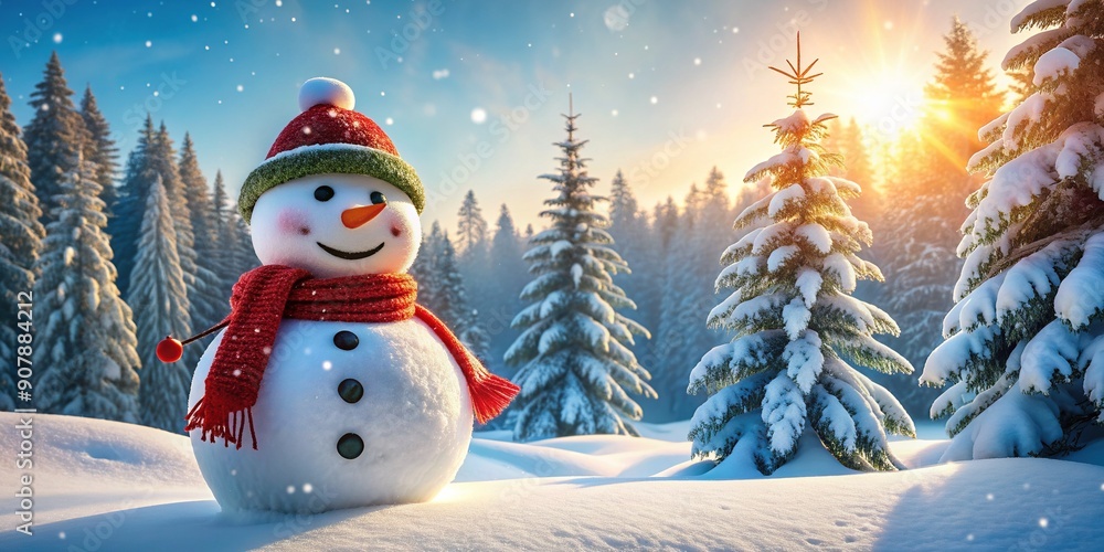 Fototapeta premium A joyful snowman with a bright red scarf and carrot nose stands tall in a peaceful winter landscape surrounded by snow-covered trees and evergreen branches.