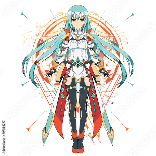 Young female warrior futuristic armor stands confidently. Detailed costume features teal hair, white red metallic armor, black boots, intricate patterns. Background includes abstract orange white