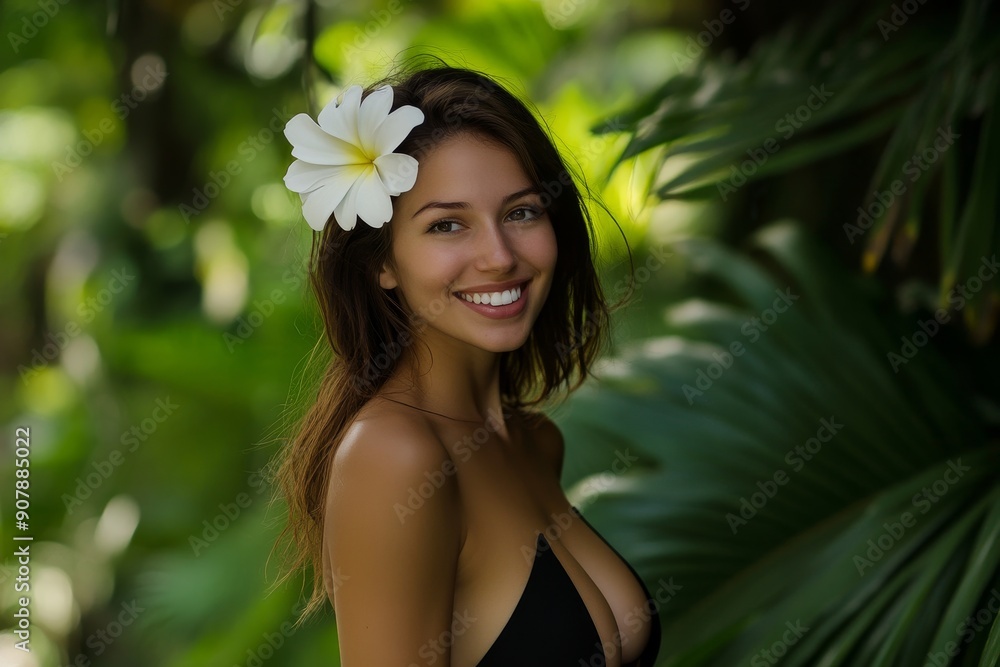 Young woman in a black swimsuit with a white flower in her hair, smiling brightly, posing amidst dense tropical greenery, high-resolution, detailed textures, crisp focus