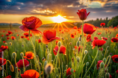 Vibrant red poppy flowers sway gently in a serene sunset-drenched field, surrounded by lush green grass and warm golden light, evoking a sense of peaceful tranquility.