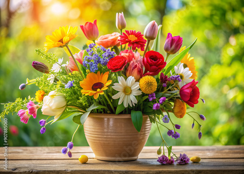 Wallpaper Mural Vibrant bouquet of fresh flowers in a ceramic pot situated on a clean background, surrounded by lush greenery, symbolizing spring renewal and natural beauty. Torontodigital.ca