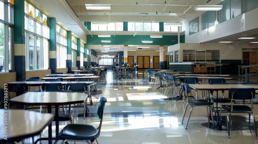 Empty School Cafeteria Tables and Chairs. Empty School Cafeteria Tables and Chairs.