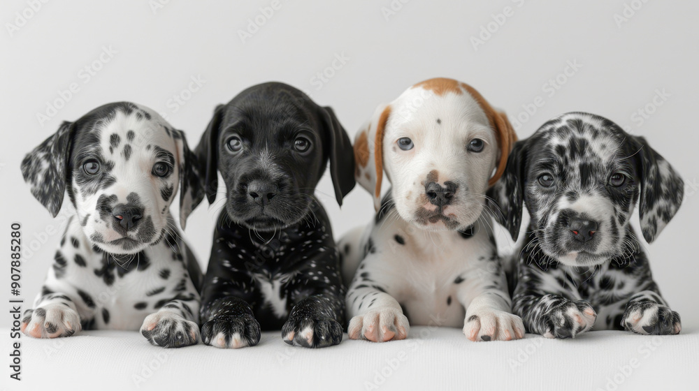 Four adorable Dalmatian puppies with different coat patterns sitting in a row, on a white background. Concept of pet adoption and companionship Four adorable Dalmatian puppies with different coat patterns sitting in a row, on a white background. Concept of pet adoption and companionship