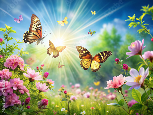 Vibrant butterflies dance on delicate pink misty kheri-colored flowers amidst lush green foliage under a radiant open sky with shining sun and copious copy space. photo