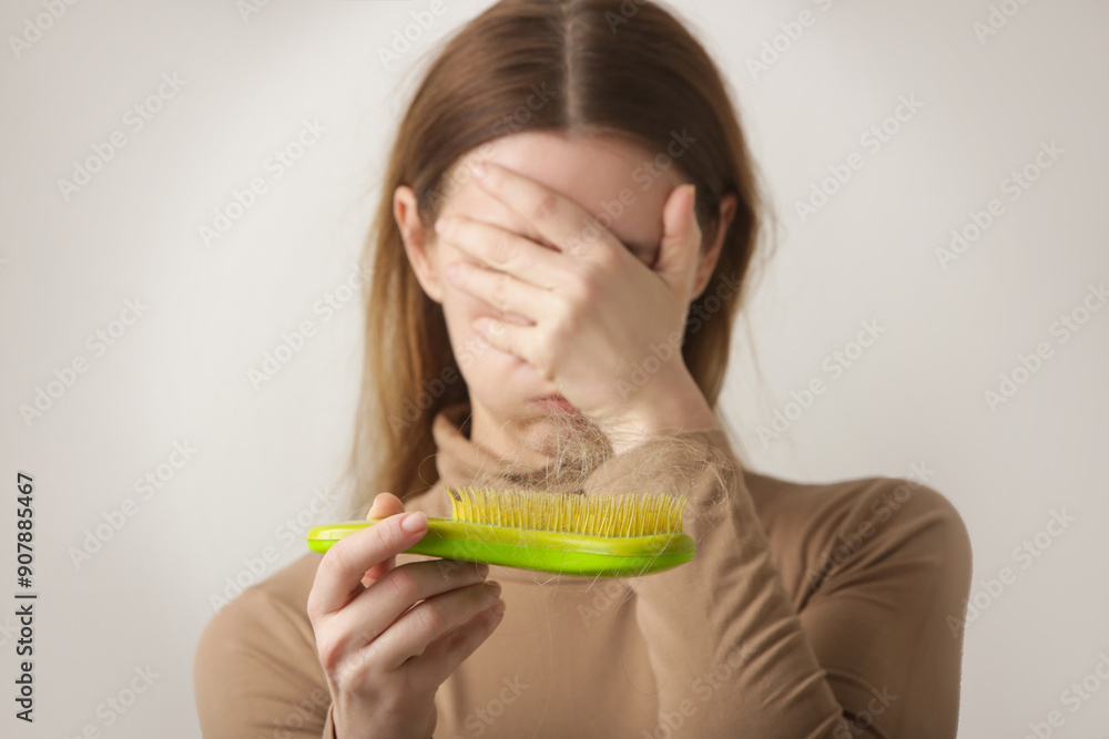 Woman holding detangler hair brush full of hair that has fallen out, loss hair problem Woman holding detangler hair brush full of hair that has fallen out, loss hair problem
