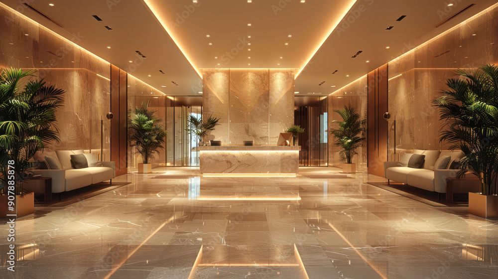 Luxurious hotel lobby with marble flooring, modern lighting. Elegant interior Luxurious hotel lobby with marble flooring, modern lighting. Elegant interior