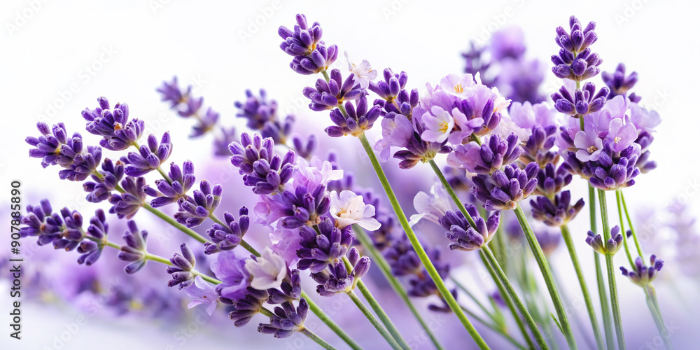 Naklejka premium Delicate, velvety lavender blooms with subtle purple hues and white centers rest serenely against a pristine white background, exuding elegance and sophistication.