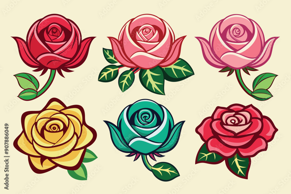 Six Colorful Cartoon Roses with Green Leaves Six Colorful Cartoon Roses with Green Leaves