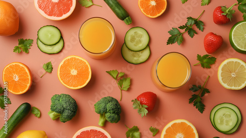 Fresh vegetable juices with assorted fruits and vegetables on peach-colored background, promoting healthy lifestyle and detox.