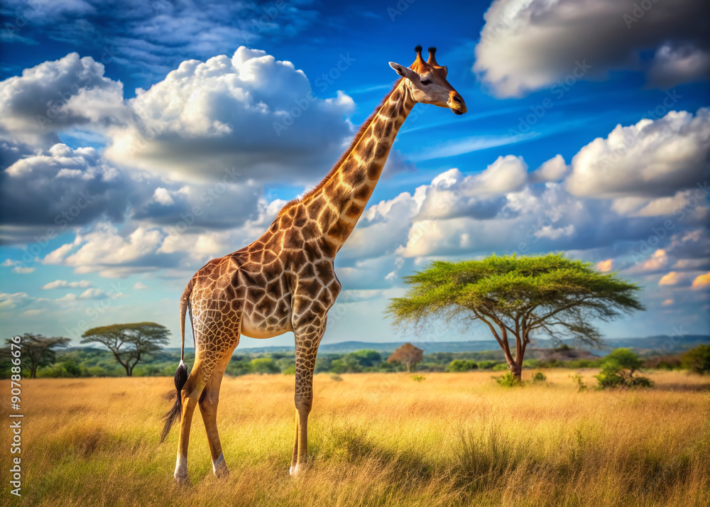 Obraz premium Majestic giraffe stands tall in sunny savanna, its long neck stretched high, gazing into the far distance with curious, gentle, and serene expression.