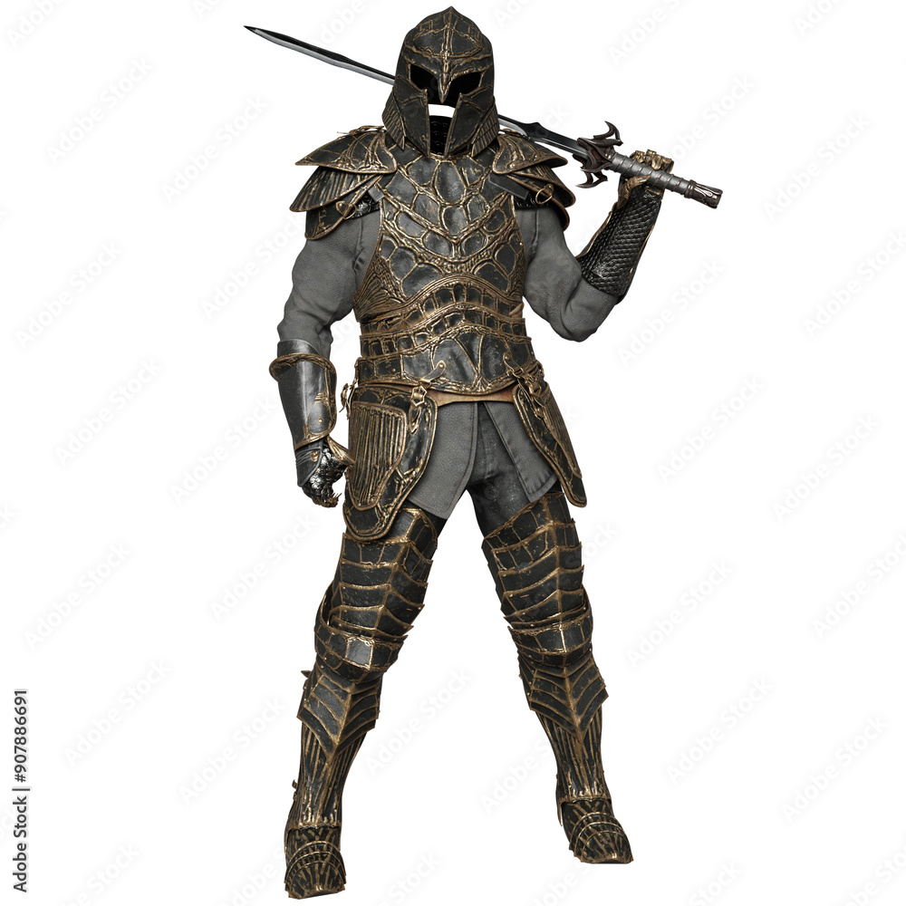 3D rendered illustration of a male armor with its helmet and a sword in a pose, isolated on transparent background 3D rendered illustration of a male armor with its helmet and a sword in a pose, isolated on transparent background