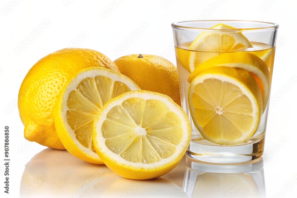 Freshly cut yellow lemon wedges with a glass of refreshing water, isolated on a clean white background, highlighting the citrus fruit's vibrant color and juicy texture. Freshly cut yellow lemon wedges with a glass of refreshing water, isolated on a clean white background, highlighting the citrus fruit's vibrant color and juicy texture.