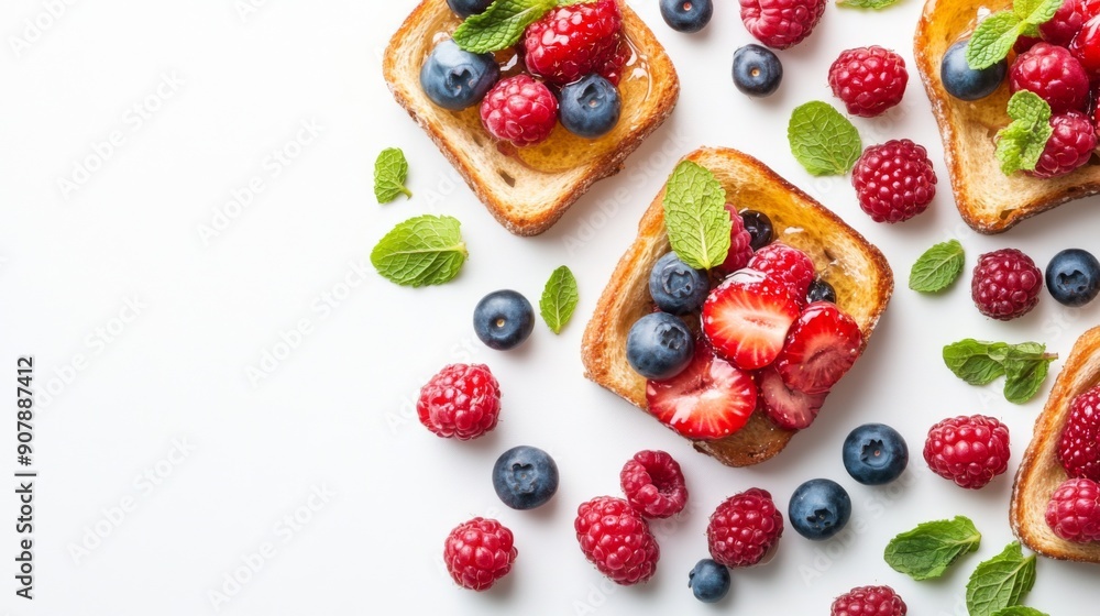 Top view of honey toast with mixed berries and mint leaves, against a white background. Top view of honey toast with mixed berries and mint leaves, against a white background.