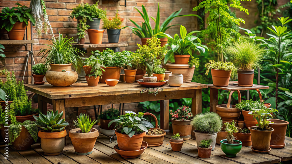 Vibrant greenery lines a rustic wooden table, varied potted plants in earthenware pots overflowing with lush foliage, a serene natural still life arrangement. Vibrant greenery lines a rustic wooden table, varied potted plants in earthenware pots overflowing with lush foliage, a serene natural still life arrangement.