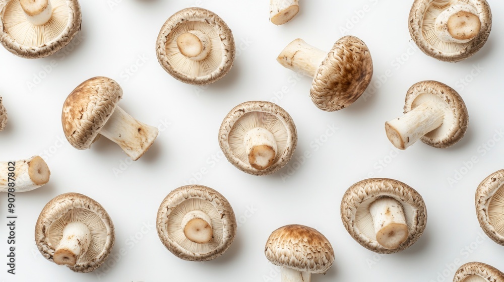 Top view of Matsutake mushrooms arranged in a natural pattern on a white background. Top view of Matsutake mushrooms arranged in a natural pattern on a white background.