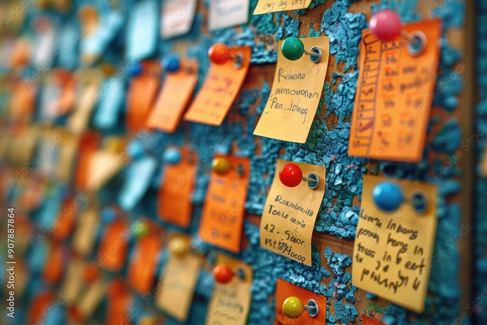 Fototapeta premium Colorful sticky notes pinned on a corkboard with messages and reminders, creating a vibrant and organized workspace.