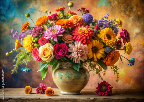 Wallpaper Mural Vibrant vase overflowing with colorful flowers in varied hues and textures against soft, creamy backdrop, creating stunning visual arrangement. Torontodigital.ca