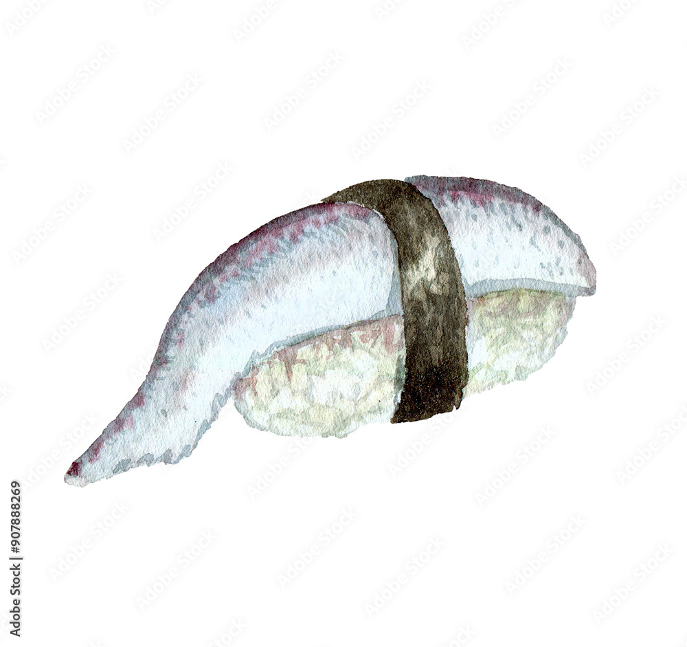 Obraz premium sushi with fish, mackerel, herring, white fish, painted with watercolors, for restaurant menu and fish shop design