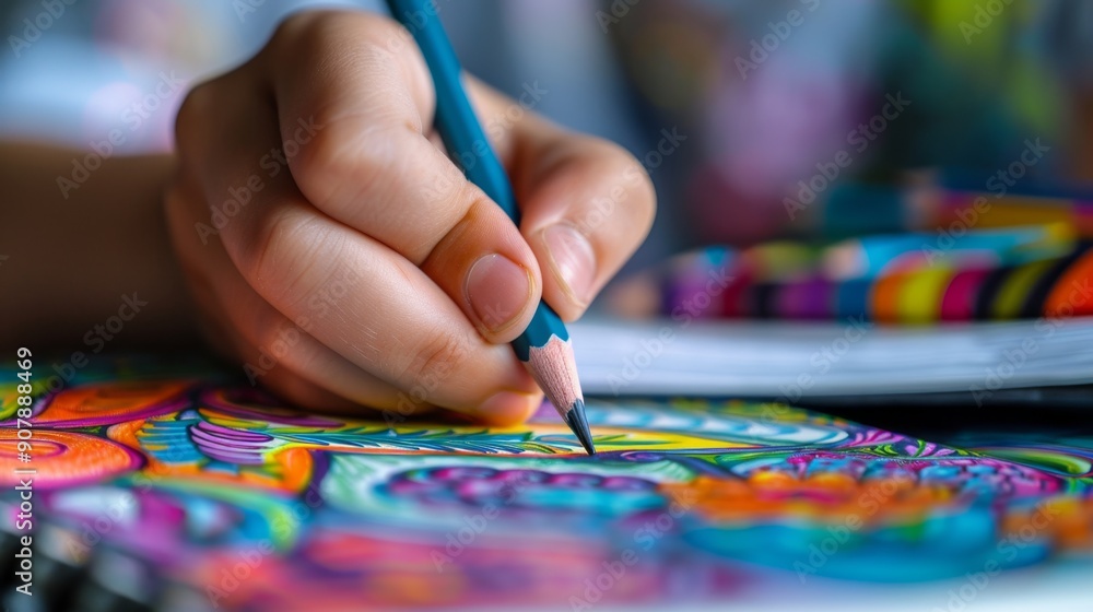 Close-up of hand drawing in coloring book. Close-up of hand drawing in coloring book.