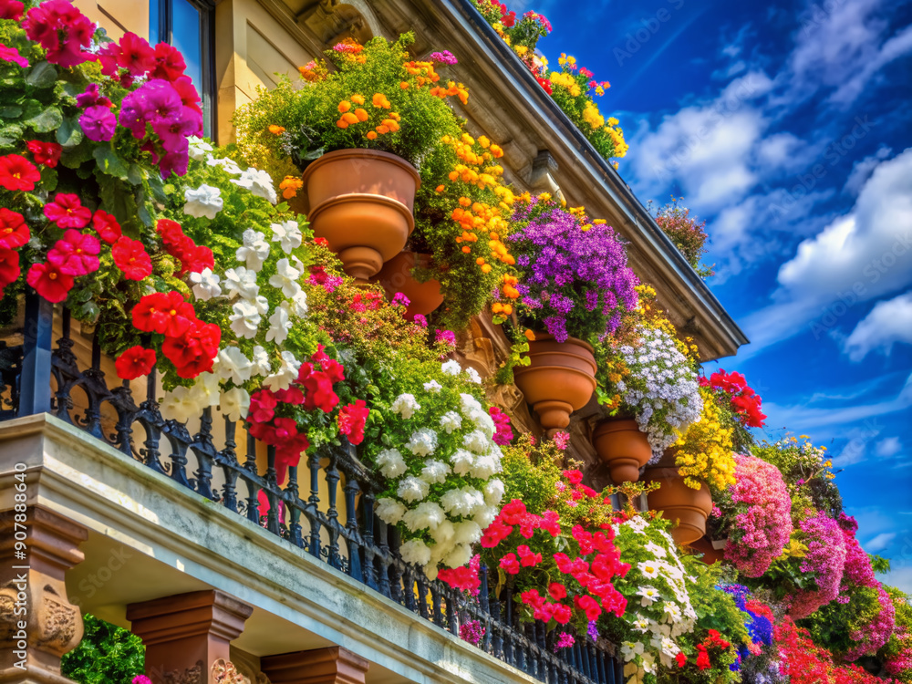 Vibrant blooms of varied colors spill over the railing of a ornate ...