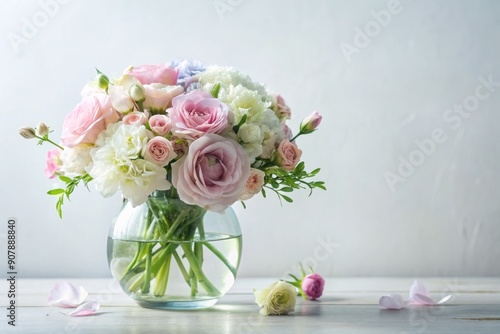 Delicate flowers in soft pastel hues, carefully arranged in a clear glass vase, sitting elegantly against a pristine white background, exuding serenity and simplicity. photo