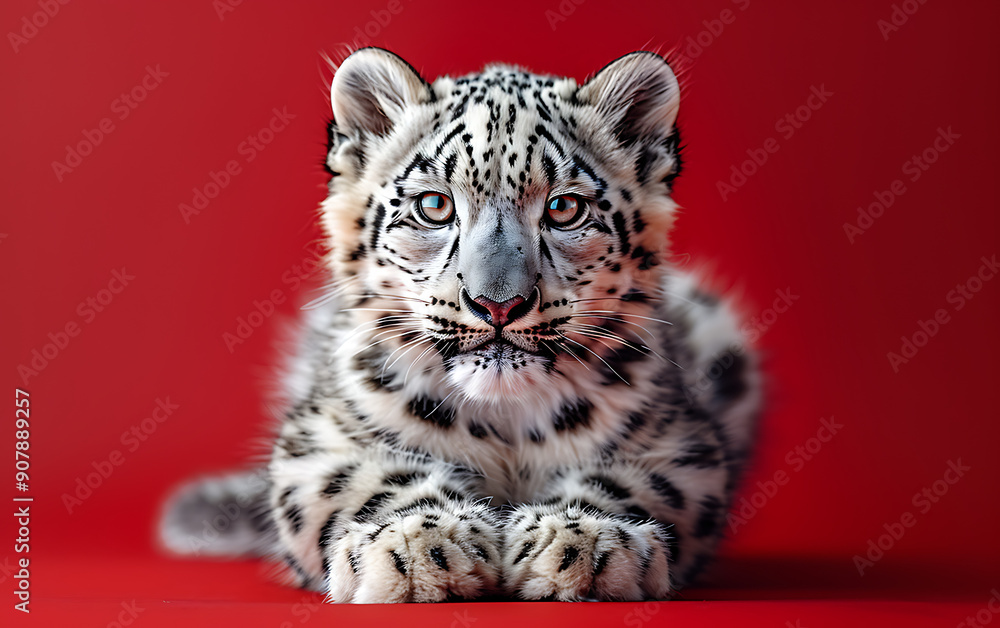 Fototapeta premium Realistic Snow Leopard on Pure Red Background: Surreal Close-Up