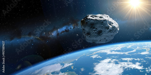 Fototapeta Naklejka Na Ścianę i Meble -  Asteroid entering planet atmosphere before impact, meteor warning in space, comet danger, global disaster