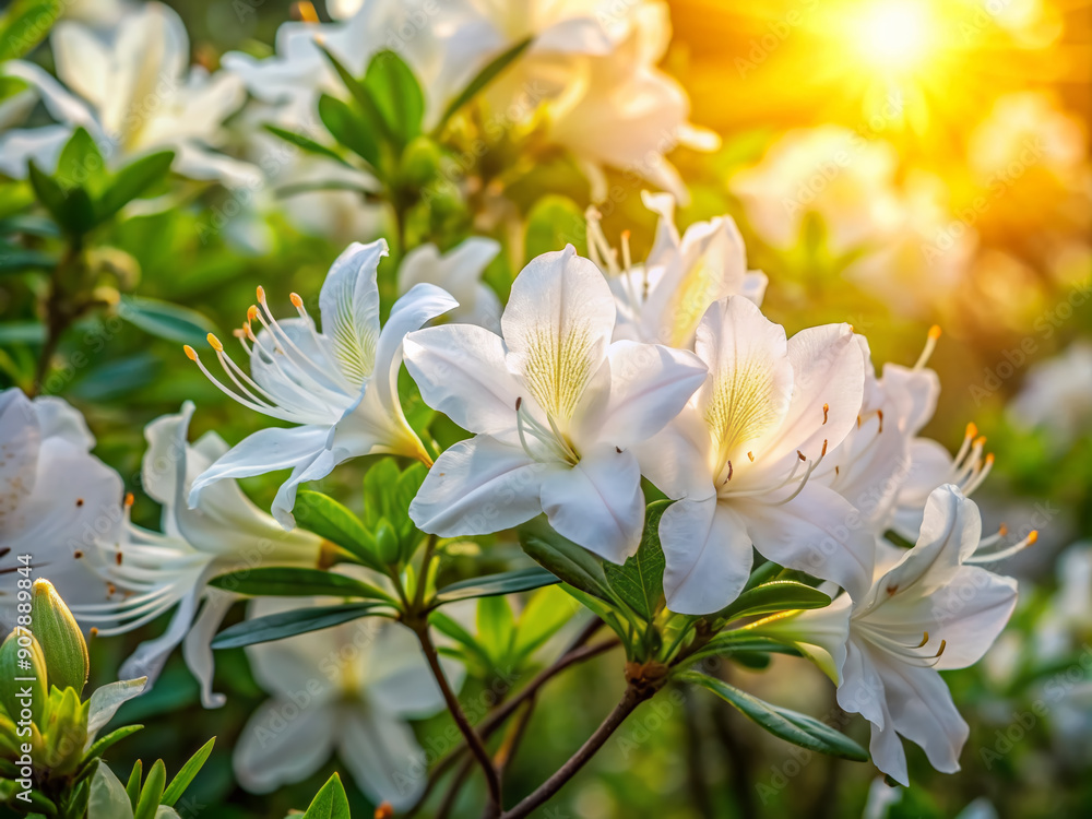 Fototapeta premium Vibrant white azalea flowers burst with delicate beauty, petals unfolding like tender silk, as warm sunlight filters through lush green foliage in serene nature scene.