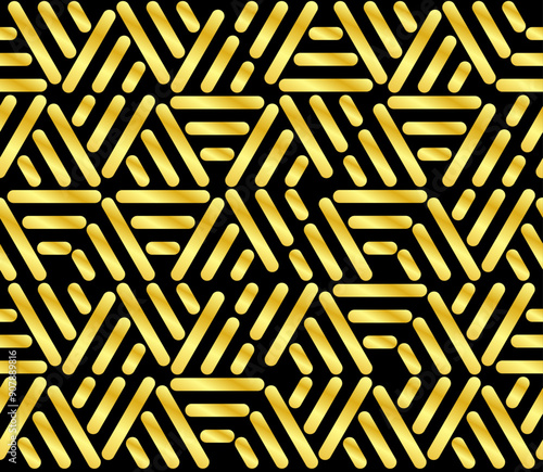 Seamless Geometric Gold Prism Shape Pattern isolated on Dark Background. Abstract Gold Rumpled Triangular Seamless Low Poly Illustrator Background.