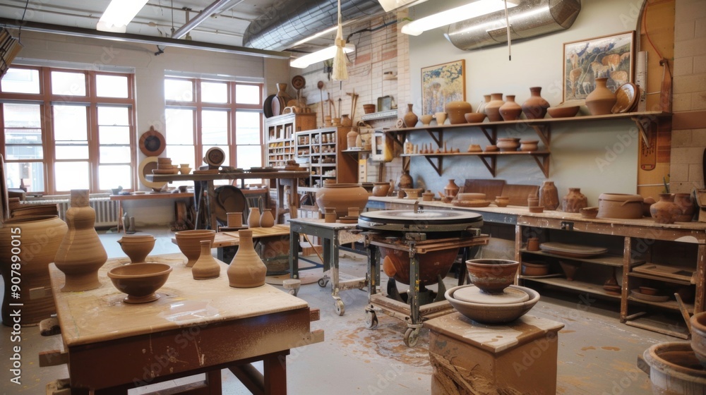 Pottery Studio Interior with Clay Pots and Wheel. Pottery Studio Interior with Clay Pots and Wheel.