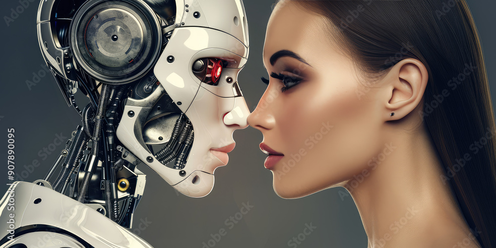 Cyborg robot man and human woman looking at each other in love. Creative concept of human and robot unity Cyborg robot man and human woman looking at each other in love. Creative concept of human and robot unity