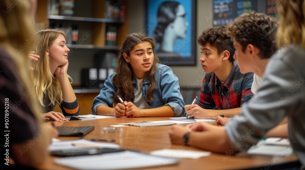 Diverse group of students sitting around a table in a classroom, studying and discussing. Diverse group of students sitting around a table in a classroom, studying and discussing.