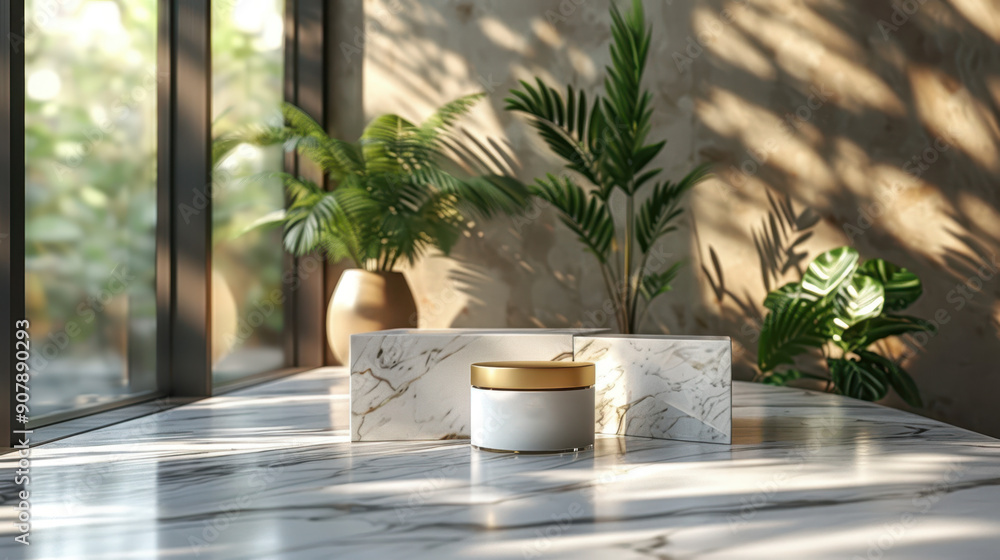 Cosmetic jar on marble surface, indoor setting, plants around. Concept of luxury Cosmetic jar on marble surface, indoor setting, plants around. Concept of luxury