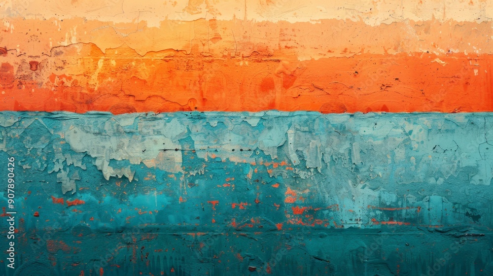 Obraz premium A deteriorating wall exhibits three distinct layers of color: blue-green at the bottom, orange in the middle, and light blue on top. The peeling paint shows a textural quality from prolonged exposure.