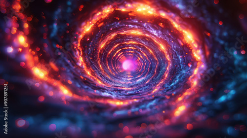 Abstract image depicting a swirling tunnel with vibrant red, orange, and purple lights, creating a cosmic and dynamic visual effect. Concept of energy or space travel photo