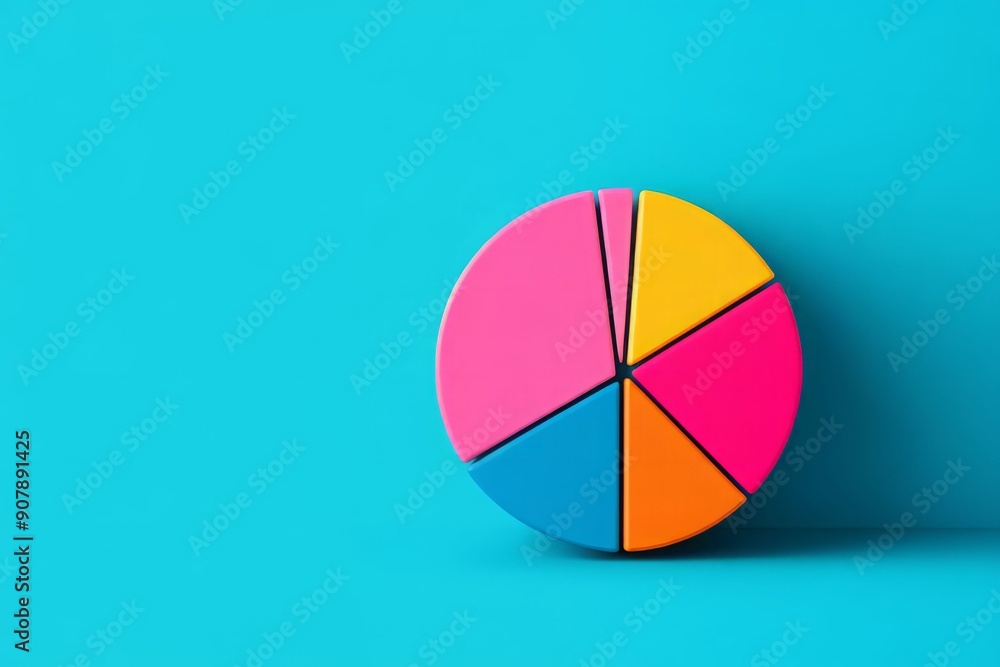 Fototapeta premium Colorful pie chart on a vibrant blue background, perfect for illustrating data analysis and presentation concepts.