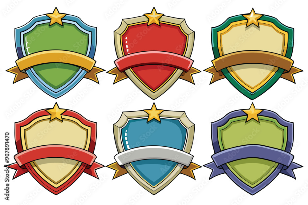 Six Colorful Shields with Stars and Ribbons Six Colorful Shields with Stars and Ribbons