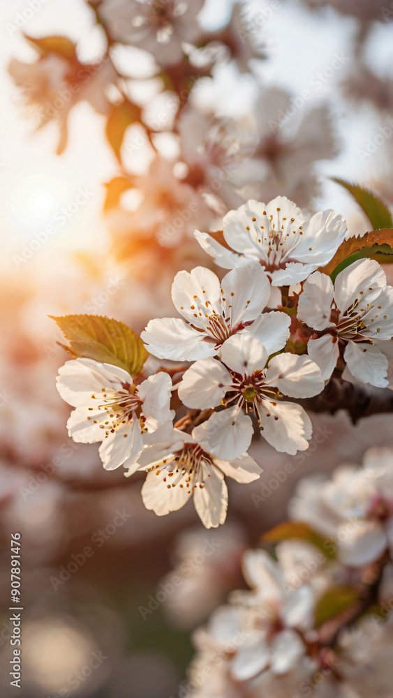 White cherry blossoms with sunlight background White cherry blossoms with sunlight background