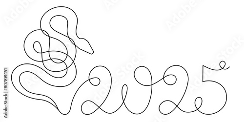 2025 year of snake one line art, hand drawn continuous contour.Holiday concept,festive New year chinese astrological horoscope, poisonous reptile serpent outline.Editable stroke.Isolated.Vector