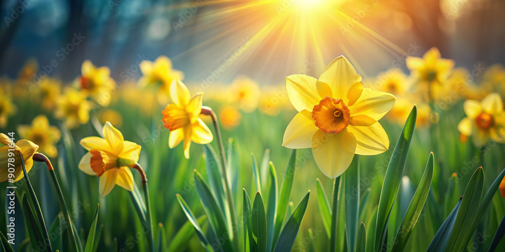 Fototapeta premium Vibrant yellow daffodil blooms sway gently in a lush green field, basking in warm sunlight, surrounded by soft, blurred foliage, exuding serenity and new life.