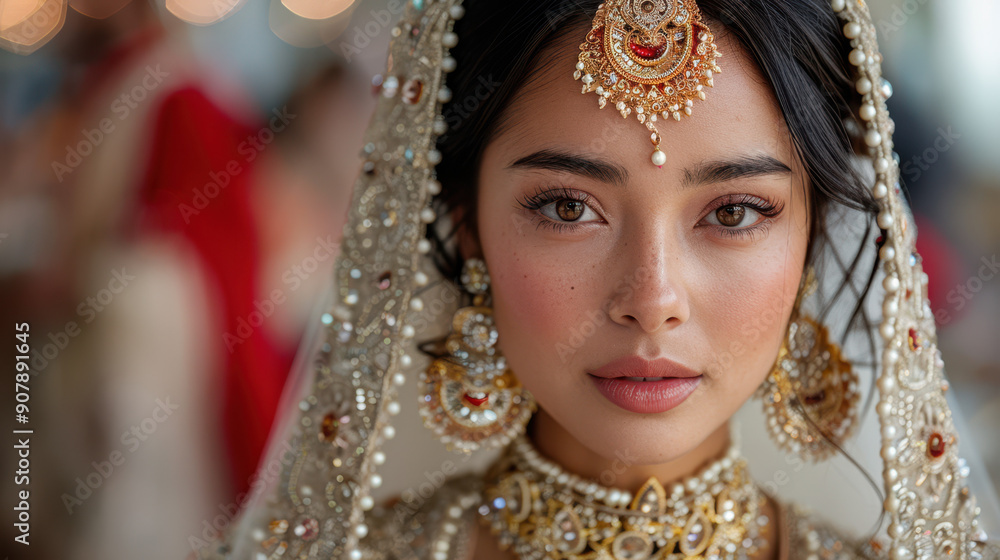 A bride adorned in traditional, ornate attire and intricate jewelry on a soft, blurred background. Concept of cultural beauty and elegance A bride adorned in traditional, ornate attire and intricate jewelry on a soft, blurred background. Concept of cultural beauty and elegance