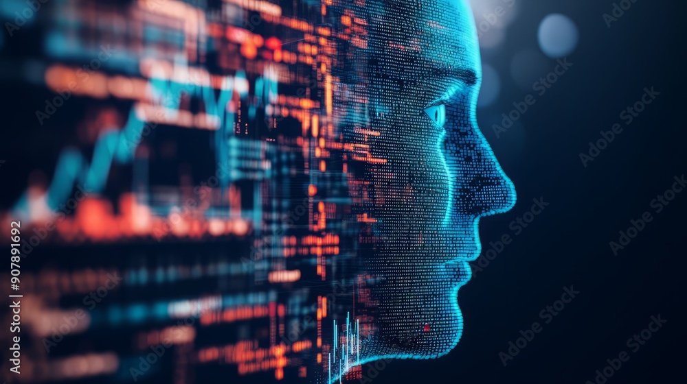 A futuristic profile silhouette of a woman, overlaid with digital data visualizations, representing technology and innovation. A futuristic profile silhouette of a woman, overlaid with digital data visualizations, representing technology and innovation.