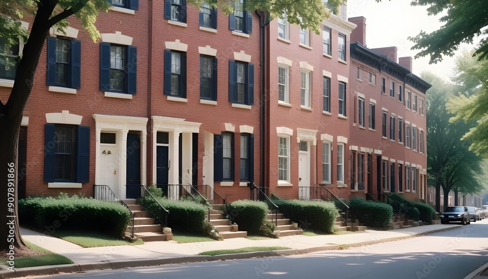 Residential architecture exterior showcases brick row private houses