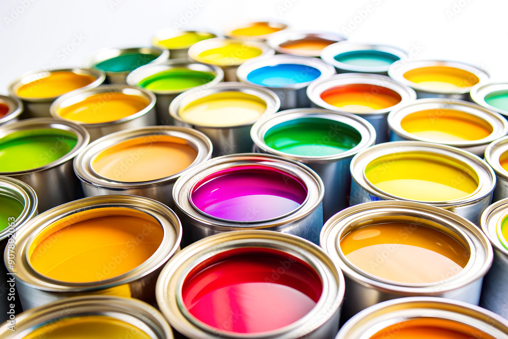 Bright colorful background with metal round cans of multicolored liquid paints, close-up, soft focus. Painting works Bright colorful background with metal round cans of multicolored liquid paints, close-up, soft focus. Painting works
