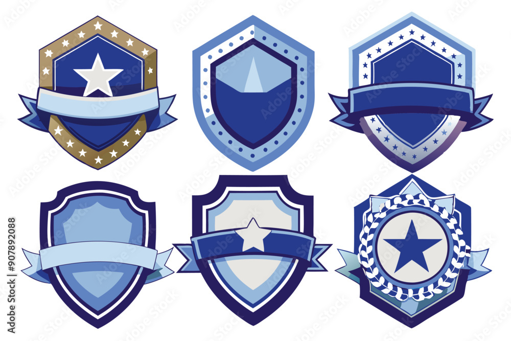 Six Blue and White Shield-Shaped Badges with Stars and Ribbons Six Blue and White Shield-Shaped Badges with Stars and Ribbons