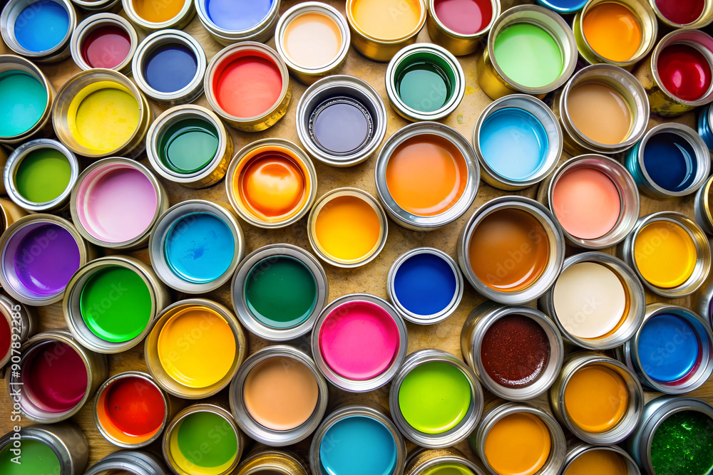 Bright colorful background with metal round cans of multicolored liquid paints, top view. Painting works Bright colorful background with metal round cans of multicolored liquid paints, top view. Painting works